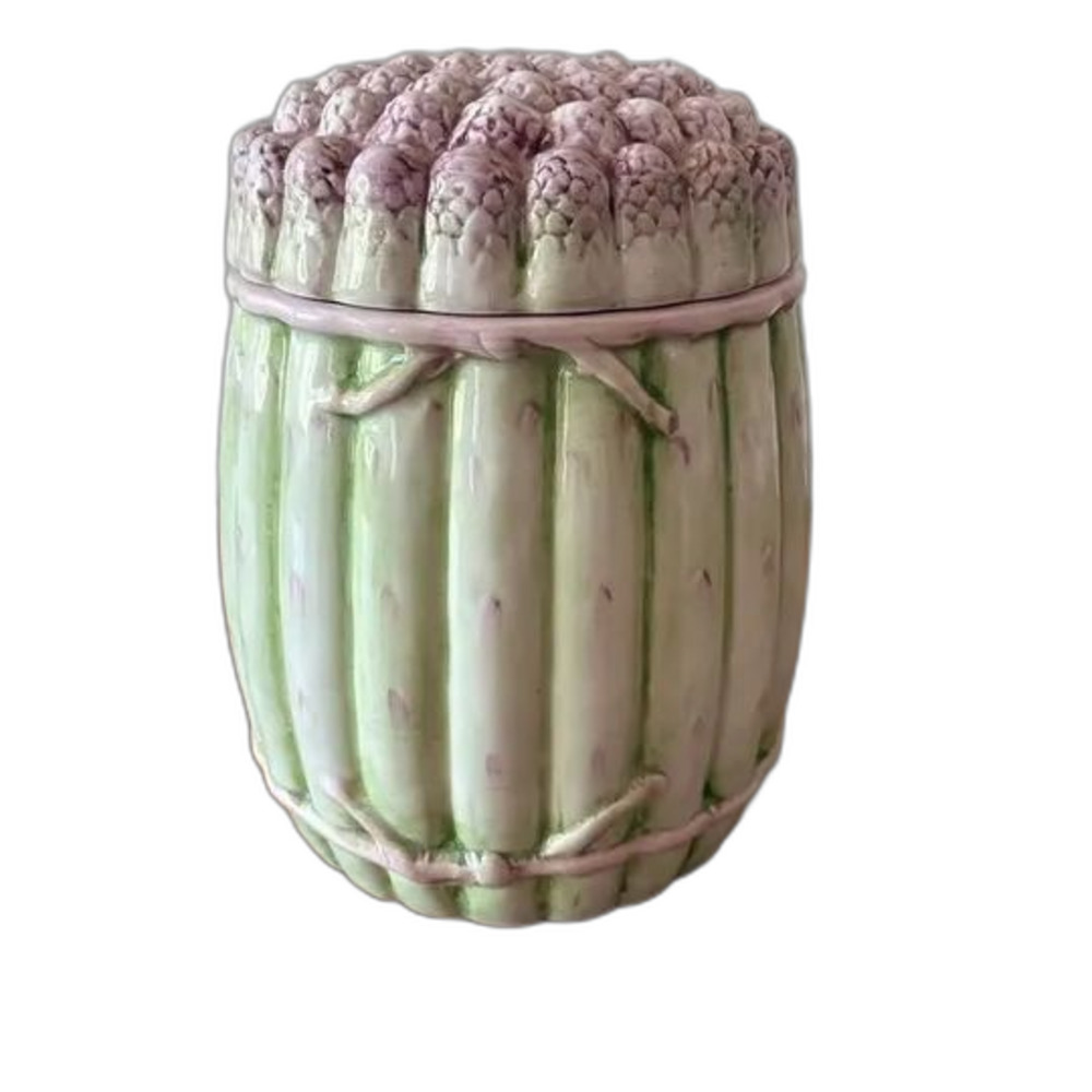 Vintage Italian Majolica Asparagus Lidded Jar Hand-Painted Trompe L'oeil Ceramic